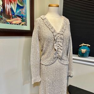 Vtg. 1970s Vonnie Reynold’s Irish Linen 2 Pc. Ecru Knit Skirt & Jacket Ensemble